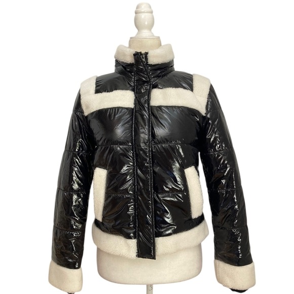 J. Society Sherpa Trim Bomber Jacket NWT Quilted Puffer Black Cream - Picture 11 of 13